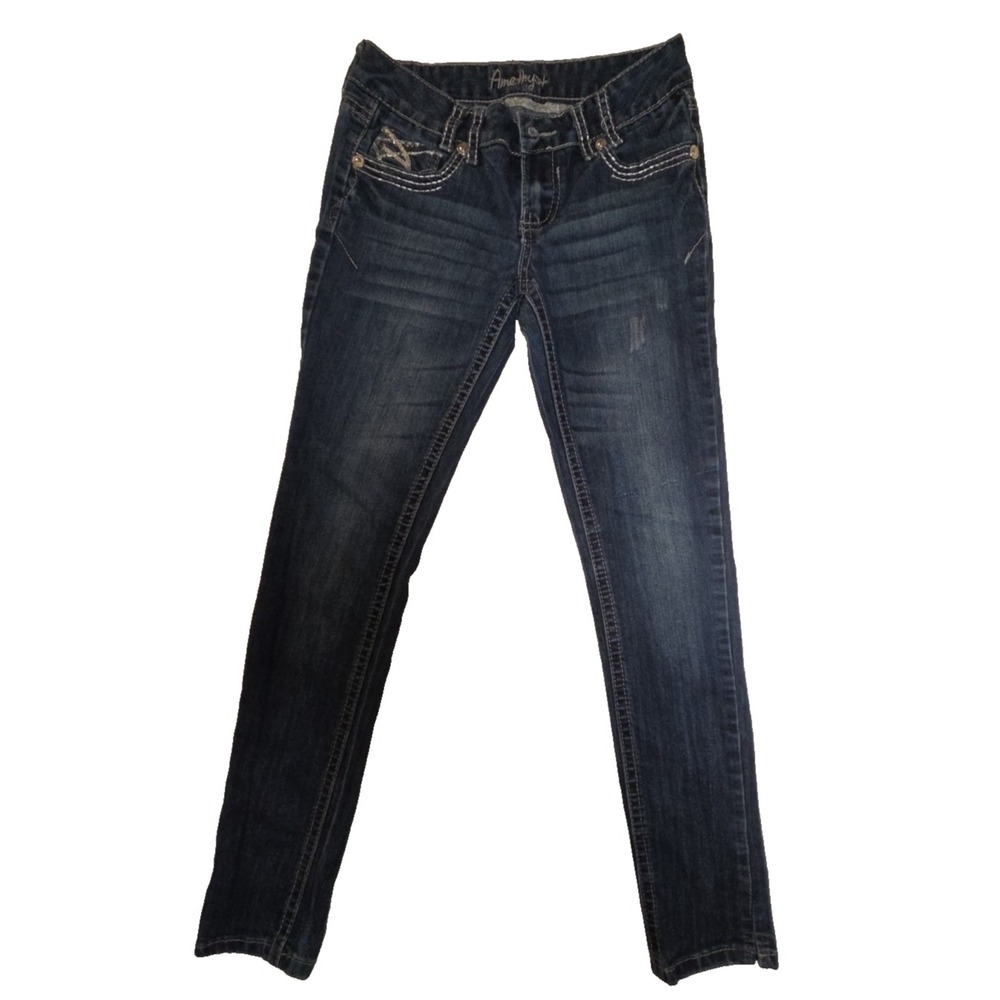 Amethyst Jeans Women 1 Dark Wash Skinny Contrast Stitch Y2K Denim Excellent